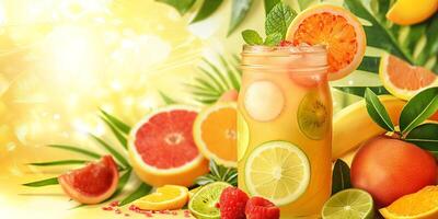 A refreshing fruit-infused drink with vibrant citrus and berries, surrounded by tropical foliage. photo