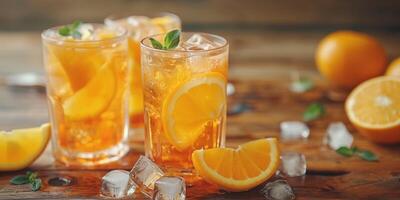 Refreshing iced tea drinks garnished with orange slices and mint on a rustic wooden table. photo