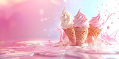 Three pastel pink and white swirl ice cream cones with sprinkles, set against a dreamy pink backdrop. photo