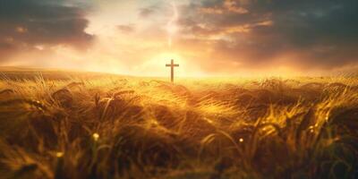 A serene sunset over a golden wheat field featuring a prominent cross, evoking peace and reflection. photo