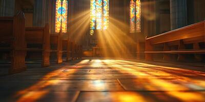 Sunlight streaming through stained glass in a serene church interior. photo