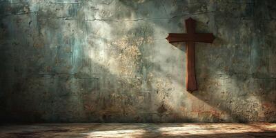 A serene wooden cross mounted on a weathered wall, illuminated by soft, ethereal light. photo