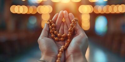 A close-up of a person's hands, showcasing prayer beads with a warm, glowing background, evoking a serene and spiritual atmosphere. photo
