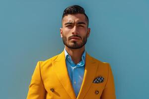 A confident Middle-Eastern man in a vibrant yellow suit against a blue backdrop, showcasing elegance and style. photo