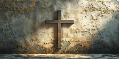 A rustic, weathered wall serves as the backdrop for a large, metallic cross, illuminated by light, evoking a sense of solemnity. photo