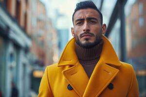 Confident Middle-Eastern man wearing a vibrant yellow coat and turtleneck in a bustling urban setting. photo