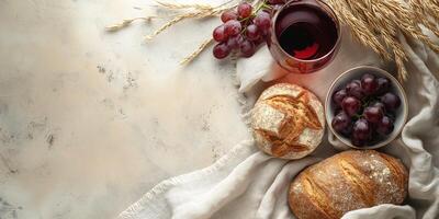 Freshly baked artisan bread and grapes paired with a glass of red wine, creating a warm, inviting table spread. photo