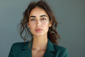 A young woman of Middle-Eastern descent, exuding confidence with her tousled hair and bold expression against a muted background. photo