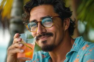 A cheerful Hispanic man in glasses enjoys a refreshing drink while surrounded by tropical greenery. photo
