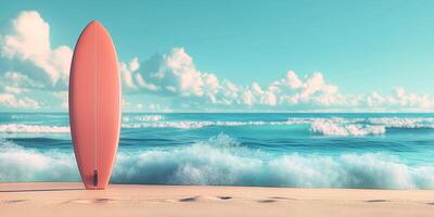 A vibrant pink surfboard stands on the sandy beach, with bright turquoise waters and fluffy clouds in the background. photo