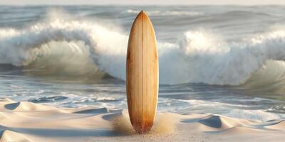 A stunning wooden surfboard stands upright on a sandy beach, framed by crashing ocean waves reflecting the sunlight. photo