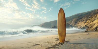 A stunning wooden surfboard stands tall on a sandy beach, kissed by waves and under a beautiful sky. photo