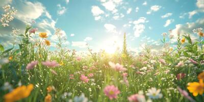 A vibrant meadow filled with colorful wildflowers basking in the warm sunlight under a bright blue sky. photo