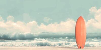 A vibrant orange surfboard stands on the shore, framed by gentle waves under a serene blue sky. photo