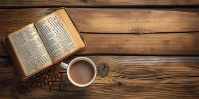 A cozy scene with an open book, a cup of coffee, and coffee beans on rustic wooden table. photo