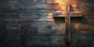 A rustic wooden cross illuminated softly against a dark, textured background, evoking a sense of reverence and tranquility. photo