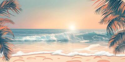 Serene tropical beach at sunset, featuring gentle waves and swaying palm trees, creating a peaceful and inviting atmosphere. photo