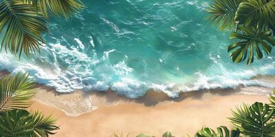 Tranquil tropical beach scene with gentle waves lapping at the sandy shore, framed by lush green foliage. photo