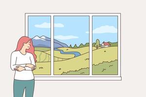 Woman looks out window at landscape and summer nature and smiles, rejoicing at onset of warm weather vector