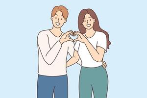 Man and woman in love make heart gesture together, demonstrating sympathy and affection for partner vector