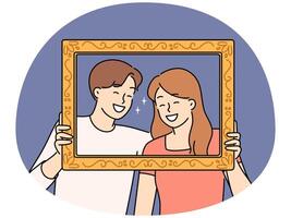 Smiling couple posing together in picture frame vector