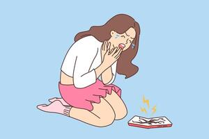 Woman broke phone and cries on knees because of gadget with cracks on screen in need of replacement vector