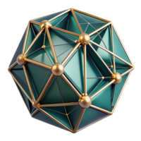 wonderful creative Fractured geometric shapes in shades of deep teal and gold, interconnected by thin, glowing white lines, dimly lit high quality png