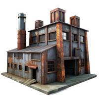 serene rustic An abandoned industrial factory with rusted metal and broken windows, dim overcast light, dystopian, high resolution png