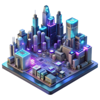 elegant abstract A futuristic city built on a giant motherboard, intricate circuitry visible, neon lights illuminating the city, cyberpunk style premium png