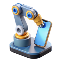 elegant classic A robotic arm assembling a smartphone, precise movements, factory lighting, product design style authentic png