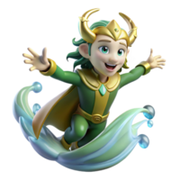 serene modern A mischievous Loki transforming into a salmon, leaping through a waterfall, vibrant Art Nouveau style 4K png
