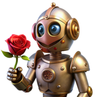 serene contemporary A whimsical steampunk robot with intricate floral patterns etched into its metal, holding a single red rose, soft diffuse lighting, art nouveau style original png