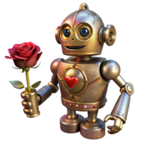 vibrant artistic A whimsical steampunk robot with intricate floral patterns etched into its metal, holding a single red rose, soft diffuse lighting, art nouveau style original png