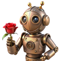 vibrant vintage A whimsical steampunk robot with intricate floral patterns etched into its metal, holding a single red rose, soft diffuse lighting, art nouveau style original png