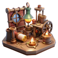 impressive abstract A cluttered steampunk workshop, filled with tools, gears, and half-finished inventions, lit by a single oil lamp, painterly style authentic png