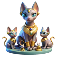 beautiful vintage A powerful Bastet, the cat goddess, surrounded by kittens, playful and whimsical style original png