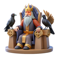stunning contemporary A wise Odin, the Allfather, seated on his throne Hlidskjalf, accompanied by ravens Huginn and Muninn, Norse mythology style exclusive png
