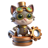 impressive classic A curious steampunk cat wearing goggles and a tiny top hat, perched on a pile of gears, soft lighting, whimsical illustration style high resolution png