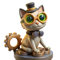 impressive abstract A curious steampunk cat wearing goggles and a tiny top hat, perched on a pile of gears, soft lighting, whimsical illustration style high resolution png