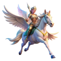 impressive classic A graceful Valkyrie riding a winged horse through a twilight sky, soft ethereal lighting, Romantic painting style genuine png