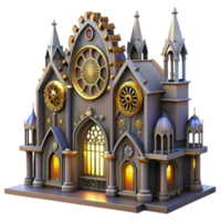 wonderful vintage A magnificent steampunk cathedral with stained glass windows depicting gears and cogs, illuminated by ethereal light, gothic style high quality png