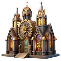 vibrant artistic A magnificent steampunk cathedral with stained glass windows depicting gears and cogs, illuminated by ethereal light, gothic style detailed png