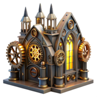 beautiful traditional A magnificent steampunk cathedral with stained glass windows depicting gears and cogs, illuminated by ethereal light, gothic style original png