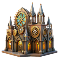 extraordinary modern A magnificent steampunk cathedral with stained glass windows depicting gears and cogs, illuminated by ethereal light, gothic style high resolution png