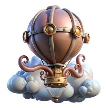 deslumbrante clássico uma caprichoso steampunk quente ar balão em forma gostar uma gigante polvo, flutuando dentro uma nublado céu, suave iluminação, desenho animado estilo exclusivo png