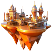 extraordinary modern A futuristic steampunk city built on floating islands, interconnected by intricate bridges, bathed in a warm orange glow, cyberpunk style authentic png