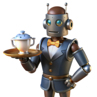 extraordinary rustic A steampunk robot butler, holding a silver tray with a steaming cup of tea, soft, warm lighting, humorous style original png
