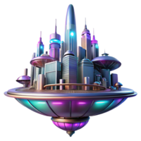 dramatic classic A futuristic floating city, sleek metallic structures, neon lights, vibrant colors, cyberpunk style, low angle view authentic png