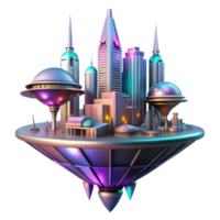 serene abstract A futuristic floating city, sleek metallic structures, neon lights, vibrant colors, cyberpunk style, low angle view high resolution png