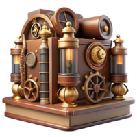 wonderful modern A steampunk library, filled with leather-bound books and intricate clockwork devices, warm, inviting lighting, Victorian style detailed png
